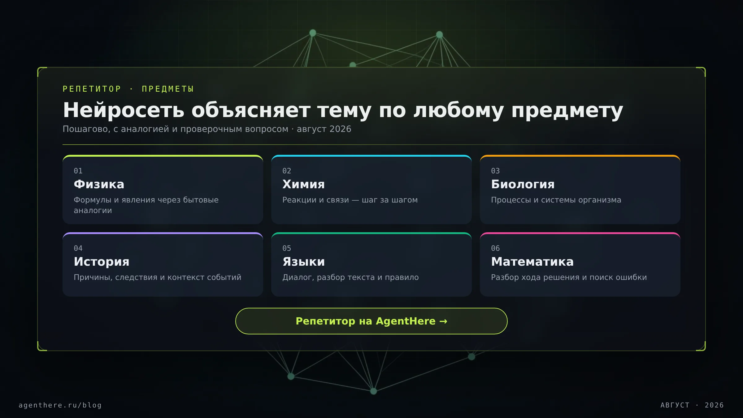 Ученик за ноутбуком открывает список предметов физика химия история английский и нейросеть пошагово объясняет выбранную тему